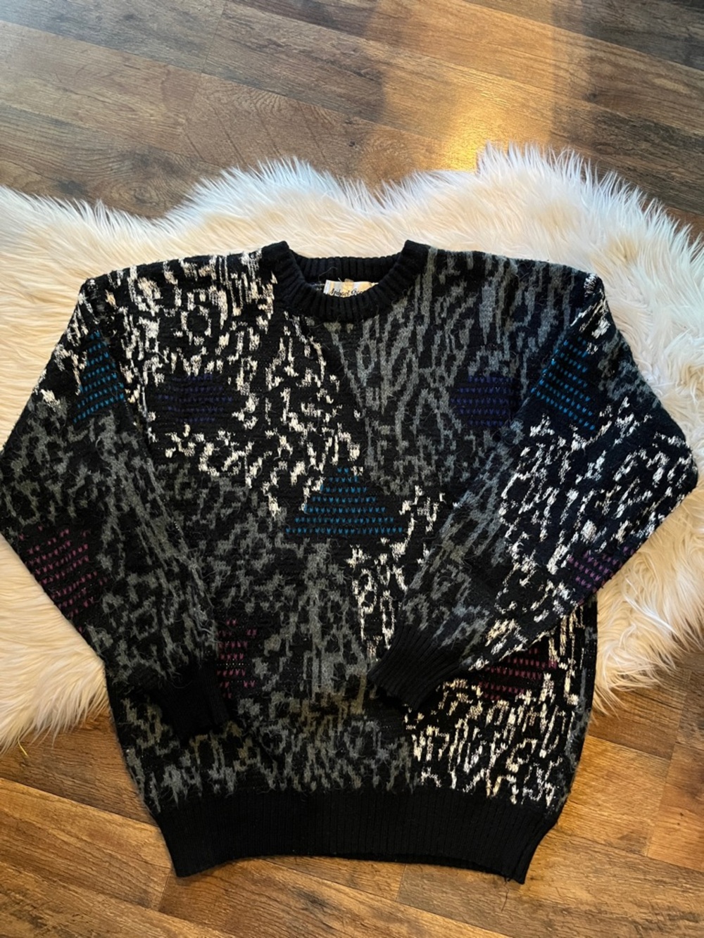 Vintage 90s Abstract Knit Sweater Black Gray Blue XL Oversized Grunge